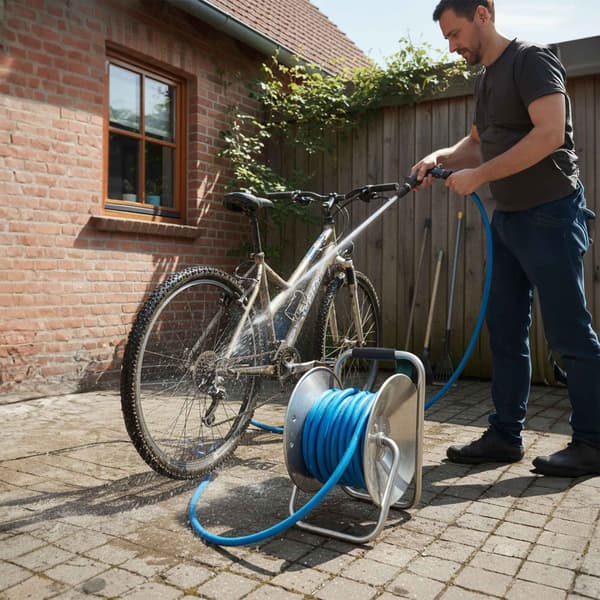 Vægmonteret slangeopruller i rustfrit stål med håndsving