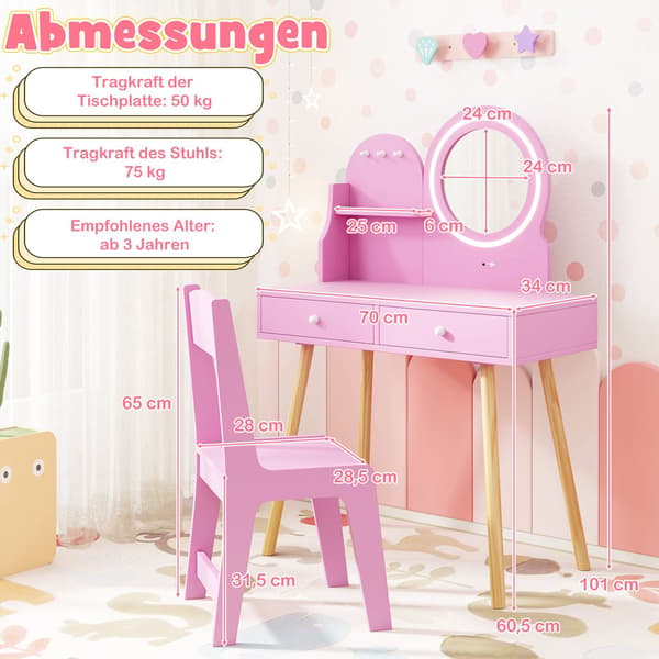 Barnmöbelset med upplyst spegel, rosa prinsesstema