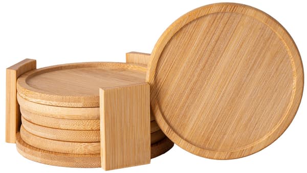 Bambuunderlägg med stativ – 6 delar, Ø10 cm