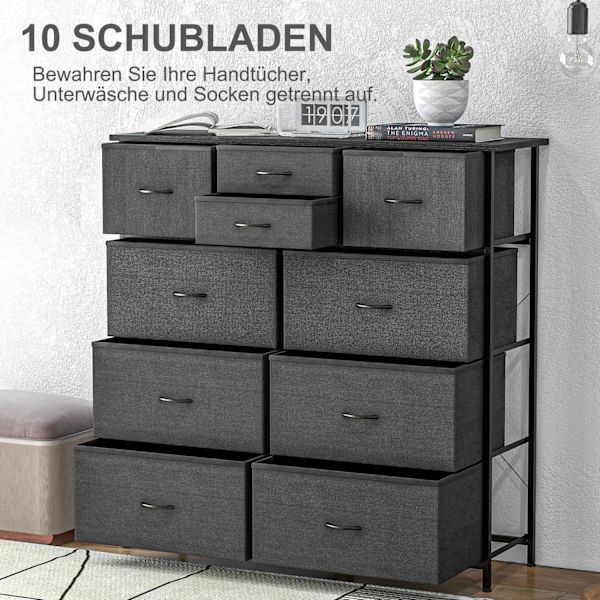 Kommode, opbevaringsskab med 10 foldbare stofskuffer, moderne skænk til stue, soveværelse, stål, sort
