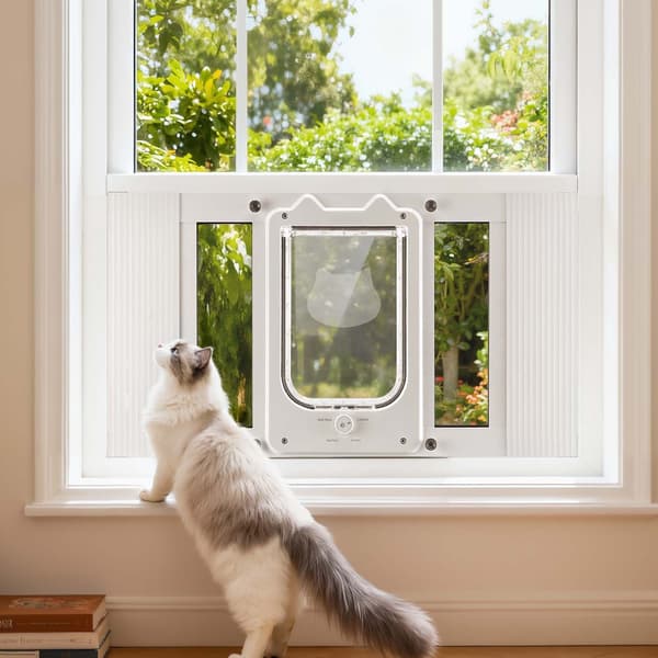 Fönsterlucka för katt, justerbar 584–711 mm, 4-vägslås; aluminiumram