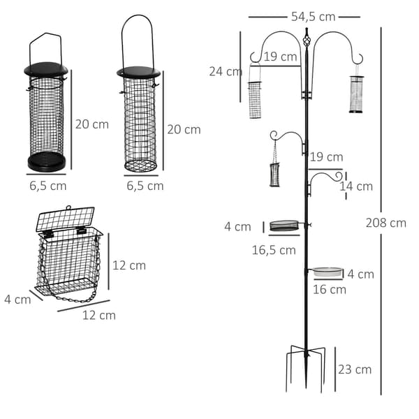 Fuglefoderstation Sæt Fuglebad Foderplade Komplet Fodersøjle Fuglefoderstation Med 4 Kroge Stål Sort Højde 208 Cm