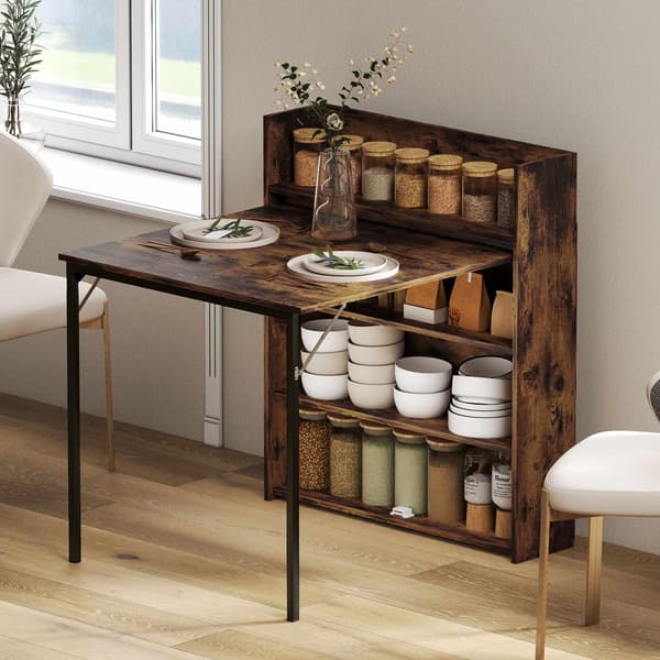 Hopfällbart matbord med hyllplan, industriell stil, platsbesparande, 80x90x93 cm