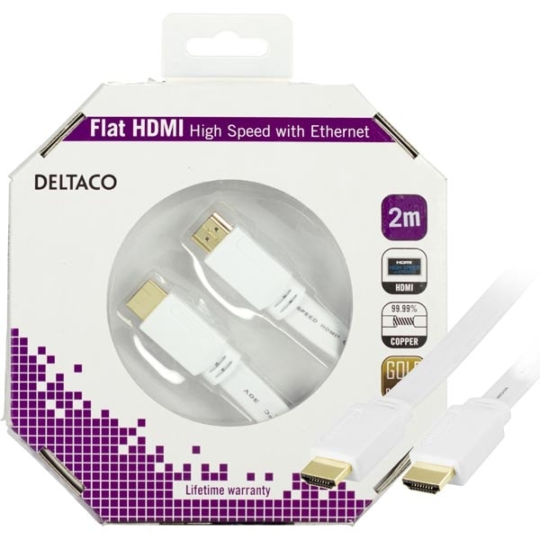 DELTACO litteä HDMI-kaapeli, 2m, valkoinen