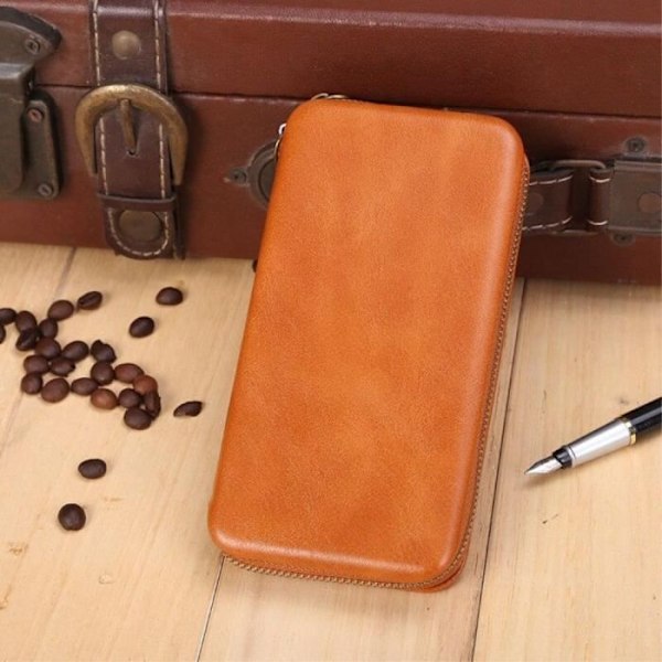 Executive Wallet Case with Magnetic Attachment and Zipper Closure for => QMOBILE NOIR Z3 > Brown Brun