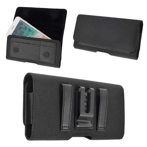 Horizontalt etui med metalclip og bælteclips i tekstil og læder med kortlomme til Highscreen Power Five Pro > Sort sort