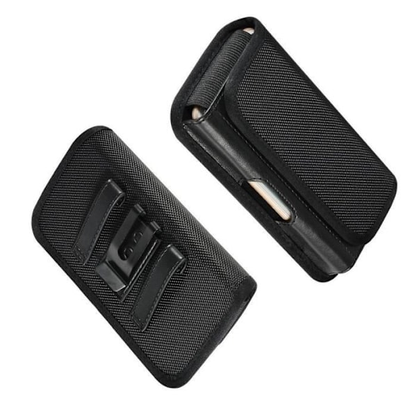 Metal Clip Horizontal Belt Holster Case with Textile and Leather Card Holder for VITU V9 (2020) > Black sort