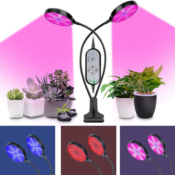 Växtlampa, LED-växtlampa för trädgårdsskötsel, 2 huvuden 360° Fullspektrum Växtlampa för Växter, Suckulenter