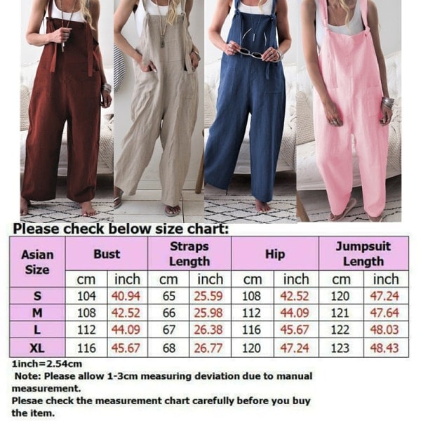 REMAKE Dame Dungarees Strap Overall Baggy Harem Ærmeløs Jumpsuit Blå XL