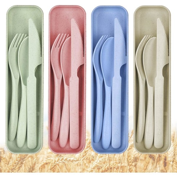 4 Sæt Bærbar Plastik Genanvendelig Udendørs Bestik Ske Gaffel, Beige Grøn Pink Blå