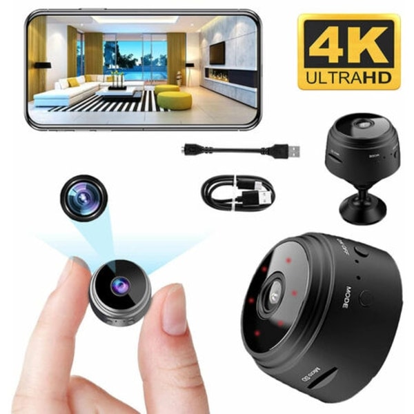 Mini-kamera sisä- ja ulkokäyttöön, langaton vakoilukamera HD 4K WiFi:llä, säädettävä resoluutio, turvakamera yökuvauksen ja
