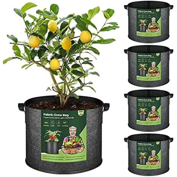 Planteposer med håndtak 5-pakning, stoffpotter Grow Bag 10 gallon