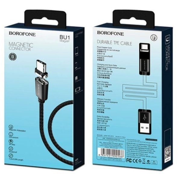 2 STK 1,2M BOROFONE Magnetisk kabel -USB-C