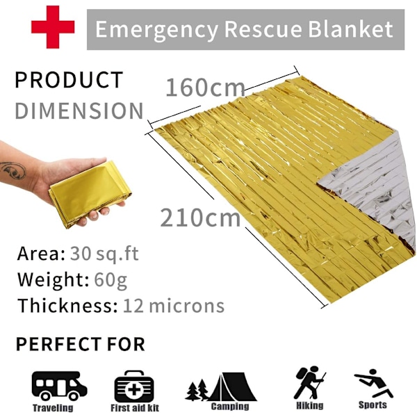 Överlevnadsfilt (5 st) Storlek 210 x 160 cm, Nödbädd för utomhusbruk, Behåller kroppstemperatur, Vattentät, För camping, vandring, första hjälpen, Guld