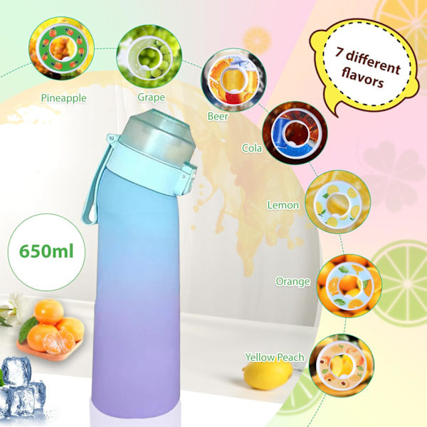 Air Water Bottle Smakspodspakke med 7 Smakspods og Børst, 650ml Fruktig Duftende Vannkopp BPA Fri 0% Sukker for Trening og Utendørs