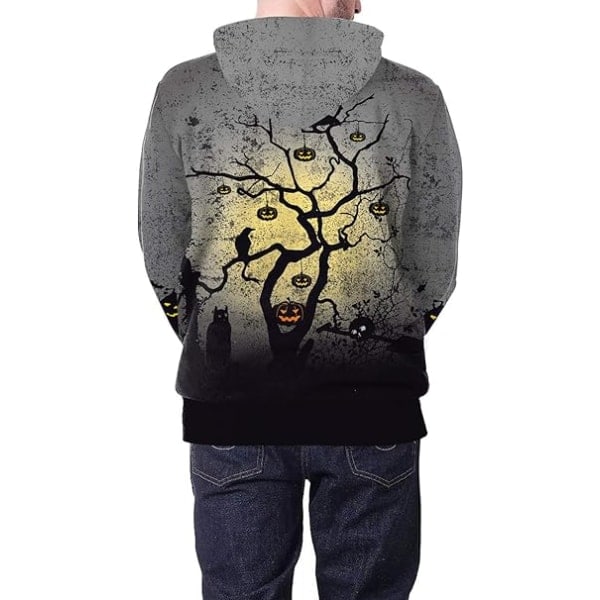 Huvtröja för män med lång ärm, rolig Halloween-tryck, rund hals, känguruficka, jul, flerfärgad 3D-tryck, tröja (Storlek: XL)