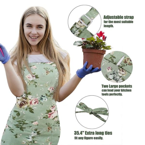 REMAKE Köksförkläde för Kvinnor, 2-pack Blommigt Förkläde med 2 Stora Fickor--