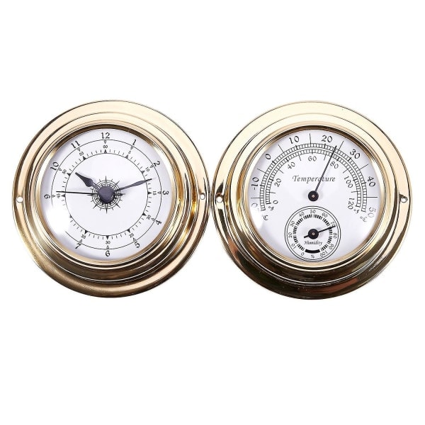 REMAKE Termometer Hygrometer Barometer Klockor Klocka 2 Komplett Set Väderstation Mätare Guld