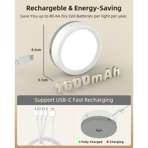 USB-uppladdningsbara Pucklampor med Fjärrkontroll, 1600mAh Batteridrivna Trycklampor, Klistra fast Magnetiska Trycklampor