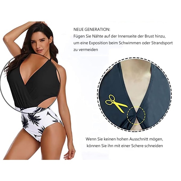Damernas Halter V-ringad Rygglös Scoop Neck Tummy Control Baddräkt Svart-vit M