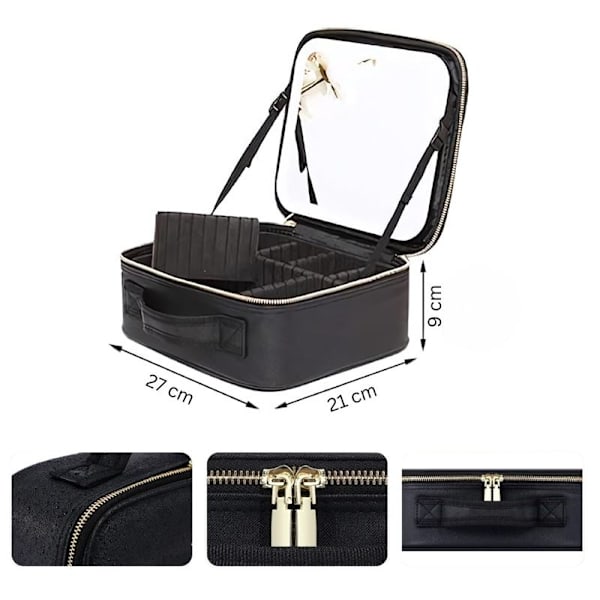 REMAKE UNIQ Makeuptaske, toilettaske med LED-spejl - Elegant og praktisk kosmetikktaske til rejse og hjemmebrug - Sort
