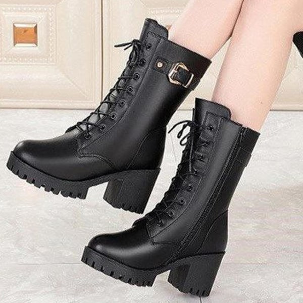 Dame Platform Block Lace Up Støvler Slip On Feet PU Læder Støvler Gave Til Jul Fødselsdag Nytår Sort Sort Sort 36