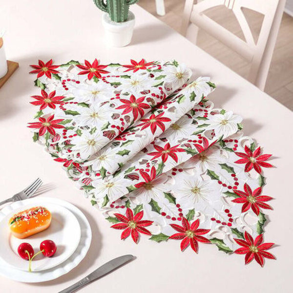 15 x 70 Tums Julbordstablett Broderad Röd Tablett Bordstyg för Juldekorationer