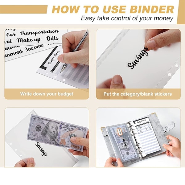 Marmor A6 Budget Binder med Kontantkonvolutter, Udgiftsoversigt Notesbog Sort