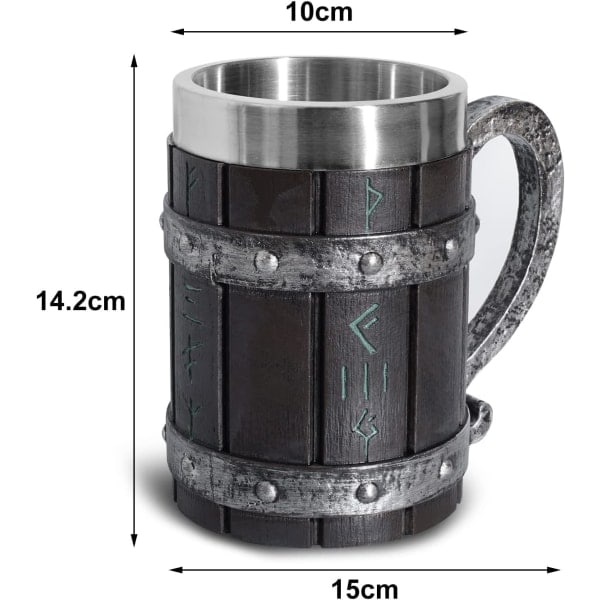 Nordiske Viking Rune Ølkopper - Stor Eikekopp - Med 3D Harpiks - For Menn, Farsdaggave 550ml