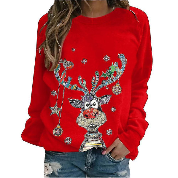 Christmas Women Print Long Sleeve T-shirt Xmas Loose Pullover Tops Blouse Red 2XL