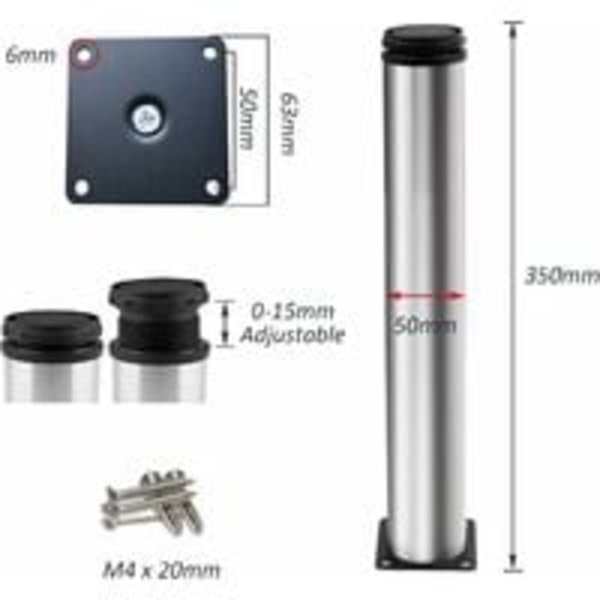 REMAKE Justerbare ben 350 mm Højde Tykke skabsben Bordben Møbelben, børstet rustfrit stål, justerbar højde 0-15 mm