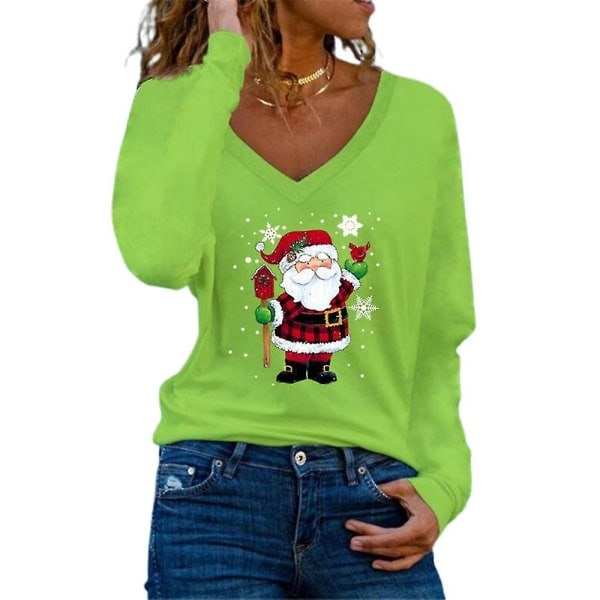 Christmas Women Santa Claus Letter Printed V-Neck T-Shirt Casual Long Sleeve Tunic Tops Blouse Green M