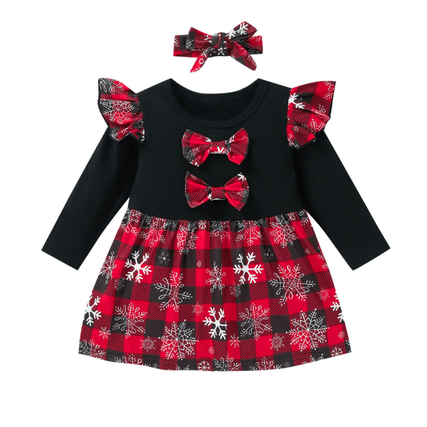 Christmas dress baby autumn bow tie sleeve bow plaid long sleeve