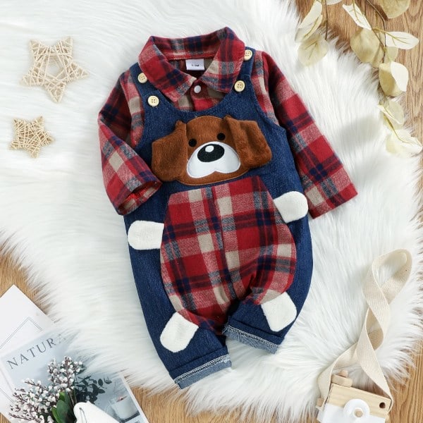 Christmas 2pcs Baby Red Plaid Long Sleeve Shirt Romper and 100% Cotton Denim Overall Set Red 12-18Months