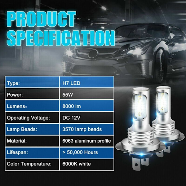 H7 LED Pære, 1000 LM 6000K Ekstremt Lys Hvid LED Forlygte, IP68 Vandafvisende Alt-i-én Plug and Play Konverteringssæt, 2 H7 Pærer 13Thirteen