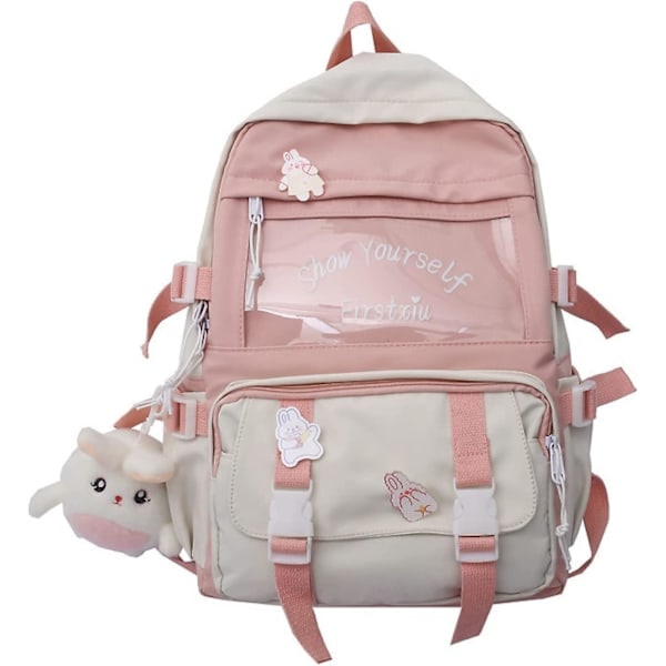 Kawaii Ryggsäck Student Skolväska Stor Kapacitet Utility Style Ryggsäck Sömnad Söt Flicka Campus Ryggsäck (Rosa)