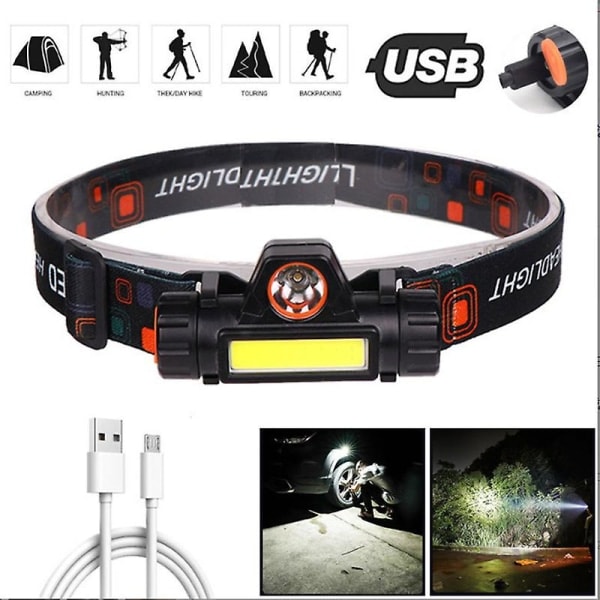 Hovedelygte Udendørs Camping Bærbar Mini Cob Led Hovedelygte USB Opladning Fiskeri Spotlight Lommelygte 2 Tilstande Indbygget 18650 Batteri