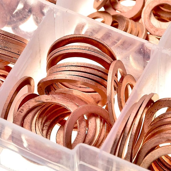 200 Stykker Kobber Skive Sortimentsett, 9 Størrelser Metallskiver Pakninger M5 M6 M8 M10 M12 M14 Mekanisk Tetningsskive med Plastboks