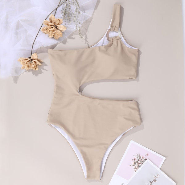 Badedragt med bar talje og én skulderstropper Beige L