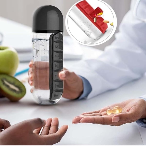2-i-1 600ml Vattenflaska med 7-fack Medicinförvaring Svart