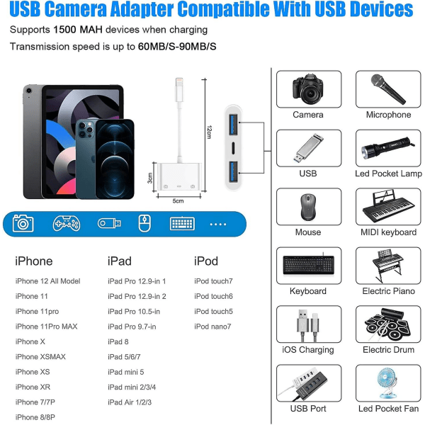 Lightning til USB 3.0 Adapter, USB 3.0 Kameraadapter Kompatibel med iPhone iPad, iPhone USB Adapter med 2 USB 3.0 og 1 Opladningsport, Ingen App...
