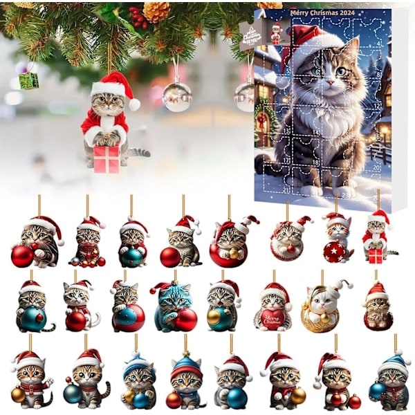 REMAKE Katte Julekalender 2024, 24 Dages Juleafsætningskalender med Søde Kattedukker, Julepynt