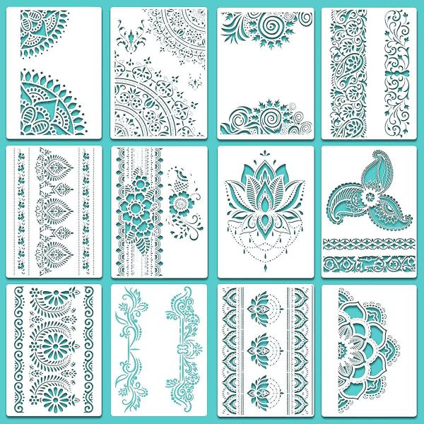 REMAKE 12 kpl Suuria Mandala-malleja, Uusiokäyttöisiä Mandala-maalausmalleja 21x29cm, Kukkamalli, Mandala-piirustus (FMY)