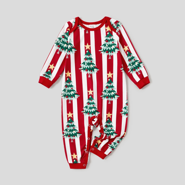 Christmas Family Matching Tree Print Stripes Long Sleeve Pajama Set (Flameproof) Red Kids2Years