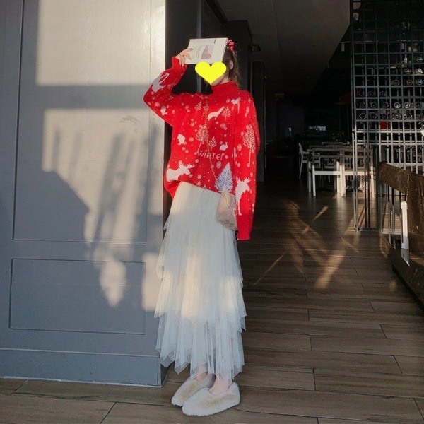 Damtröja med julsnöflinga, stickad, ful jultröja, långärmad, turtleneck, stickad tröja