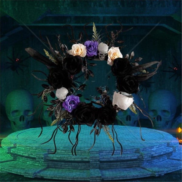 40cm Halloween-krans med hängande dödskalle och spöke för dörr- och fönsterdekoration