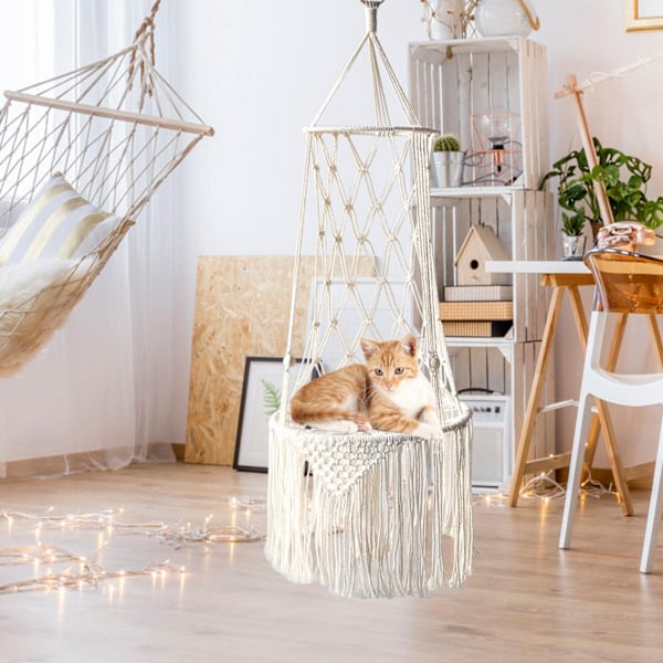 REMAKE Kattbädd Macrame Hängande Djurbädd Vävd Takhängande Kattgunga Djurpresenter Gunga Säng Katt Macrame Hängmatta Med Kvastar