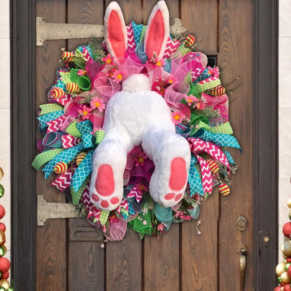 Charming Easter Bunny Wreath - Durable, Electric Free Chambray & Plastic Garland for Festive Door