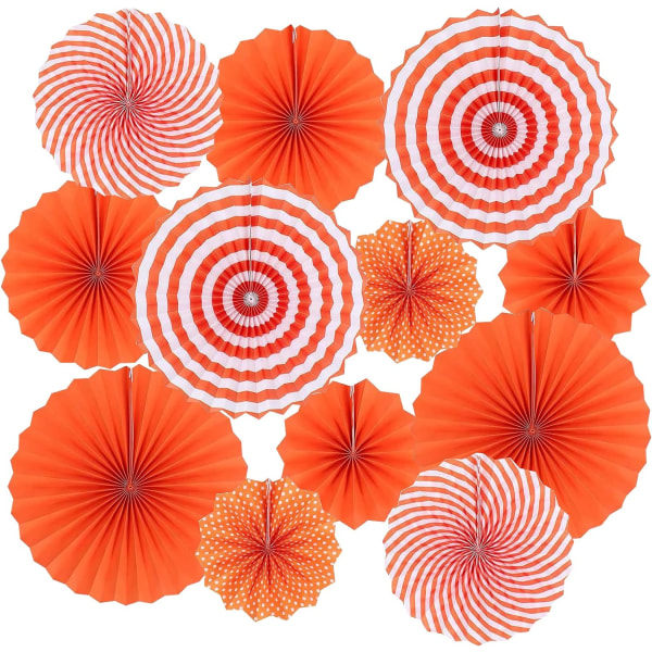 12 Pcs Set of Hanging Paper Fans, Fiesta Round Pattern Paper Garlands Decoration Party Supplies for New Year Baby Shower (Orange)