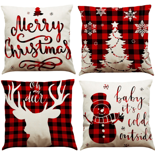 Paket med Julgransöverdrag, God Jul Röd Dekorativ Kuddfodral, Bomullslinne Julgransdekoration Kuddfodral, 45 x 45 cm